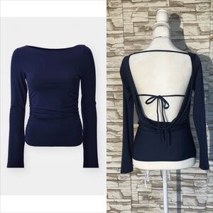 Gaze Navy Long Sleeve Boat Neck with Open Back Top